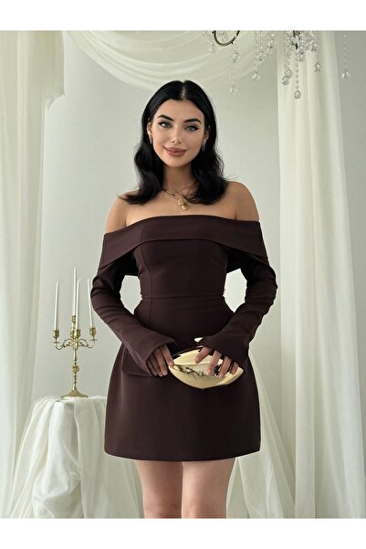 Clothes Fast Rochie mini maro pentru femei, cu gât barcă, mâneci lungi, cu bu...
