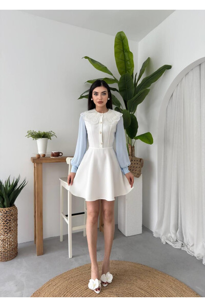 Moda Days Women's White Mini Dress with Baby Collar, Lace Detail, Long Sleeve...
