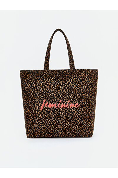LC Waikiki Дамска платнена чанта за рамо с леопардов принт