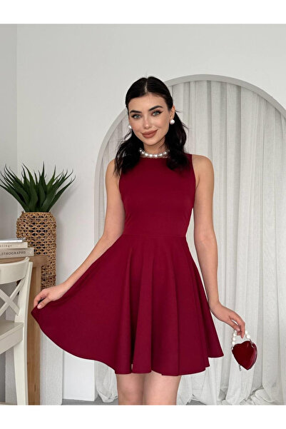 Moda Days Women's Burgundy Mini Dress, Crew Neck, Sleeveless, with Pockets, F...