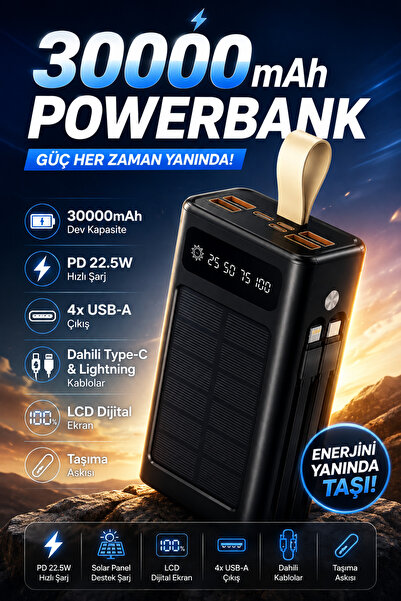 Merwish 30000mAh Solar Powerbank 22.5W Hızlı Şarj, 4x USB-A Dahili Type-C & Lightning Kablo, LCD Dijital Ekran, Yüksek Kapasiteli Taşınabilir Şarj Cihazı