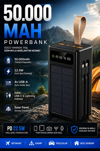 Merwish 50000 mAh Powerbank 22.5W Hızlı Şarj 4 USB-A Taype-C Dahili Kablolu Taşınabilir Şarj Cihazı