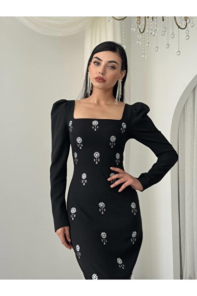 Moda Days Γυναικείο μίντι φόρεμα με μαύρη πέτρα, λεπτομερή τετράγωνη λαιμόκοψ...