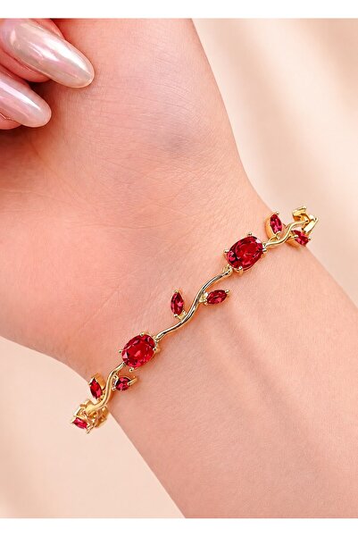 X-Lady Accessories Altın Renk Bordo Zirkon Taşlı Lale Çelik Bileklik - 3928
