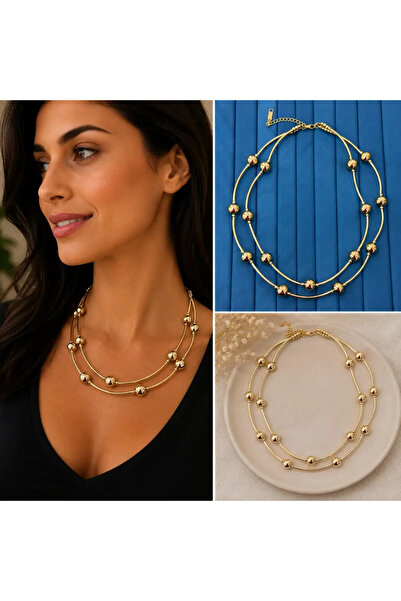 Bozhi Gold Color 2 Layered Ball Detailed Women's Necklace Gold Stylish Steel