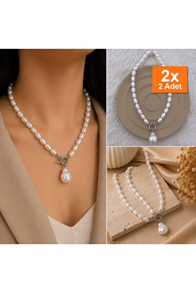 Bozhi Drop Pearl Detailed t Lock Necklace Stylish Gift Steel