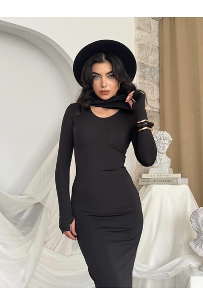 Clothes Fast Women's Black Midi Dress with Cape Detail, Turtleneck, Long Slee...