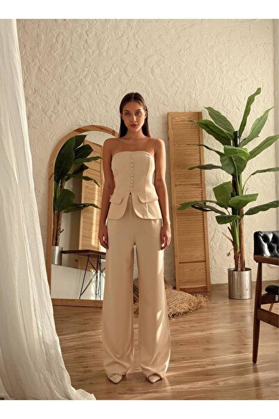 Clothes Fast Women's Beige Top and Bottom Set Strapless Button Detailed Pocke...