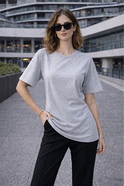 Moda Days Women's Gray Crew Neck Short Sleeve Long T-Shirt with Ribbed Back a...
