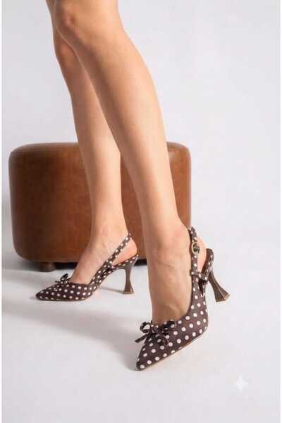 Milano Polka Dot Patterned Bow-Tie Satin Comfortable -Heeled Shoes