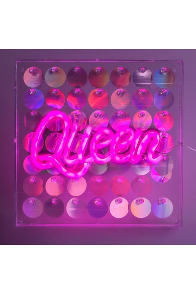 OEM Semn LED neon roz „Queen” cu paiete - 23x23cm