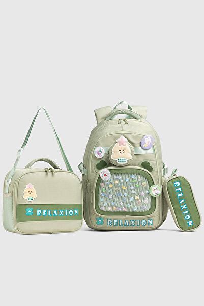 By Hakan 1815 Triple Set Primary School Bag with Pen Holder and Lunch Bag Green