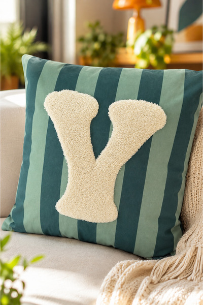 Pilloveland Punch Embroidered Throw Pillow Cover - 43*43 cm - Green Letter Y ...