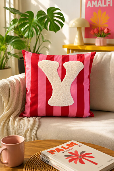 Pilloveland Punch Embroidered Throw Pillow Cover - 43*43 cm - Pink Letter Y -...