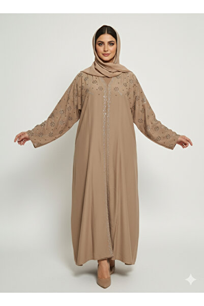 RIZQE Taupe Nida Abaya | Star/Floral Silver Embellished Silhouette Dress | Ri...