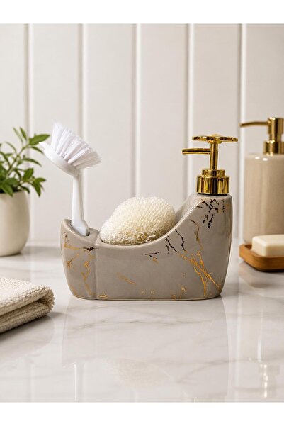 ALBETTO 300 ml Stone Gray Marble Patterned Ceramic Liquid Soap Dispenser and ...
