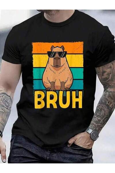 26LIK Men's Capybara Retro Vintage Funny Meme Lover Bruh Graphic Tee, Soft Br...