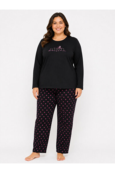 FAMES PİJAMA Plus Size Women's Seasonal Long Sleeve Awesome Black Pajama Set