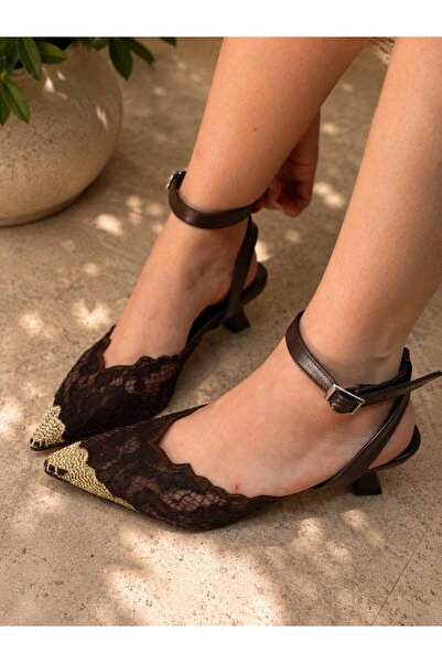 irmona Ri̇na Brown Lace 3 cm Heel Shoes with Pointed Toe and Straps