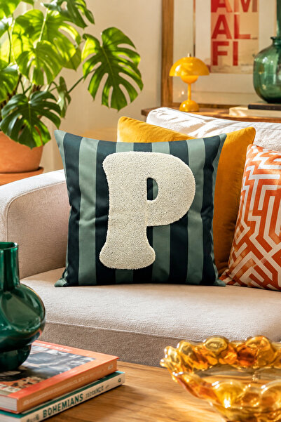 Pilloveland Punch Embroidered Throw Pillow Cover - 43*43 cm - Green Letter P ...