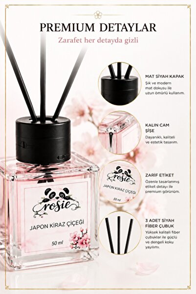 Rosie Japon Kiraz Çiçeği Çubuklu Oda Kokusu, Premium Cam Şişe, Kalıcı Ortam Kokusu, Dekoratif Reed D