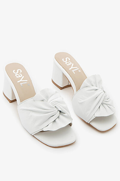 SAYL White Genuine Leather Women's Heeled Slippers with Bow Detail