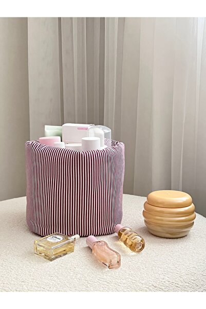 Lulishop Burgundy Striped Multi-Purpose Fabric Organizer Basket – Makeup Orga...