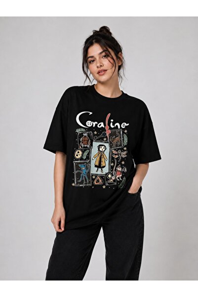 ZAVIXO Unisex Oversize Coraline Baskılı Tişört %90 Pamuk Anime Karakter Baskı...