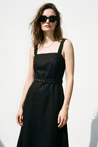 Purpleclo Square Neck A-Form Belt Detailed Linen Summer Dress