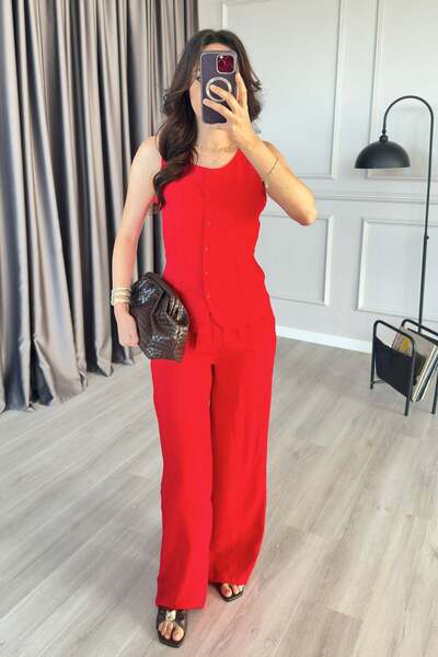 Moda Days Women's Red Bottom - Top Set Sleeveless Buttoned Blouse Pants Set H...