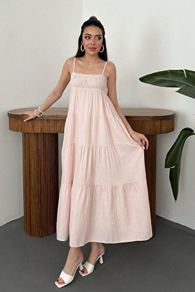 Clothes Fast Women's Pink Thin Strap Gipeli Striped Layered Maxi Muslin Summe...