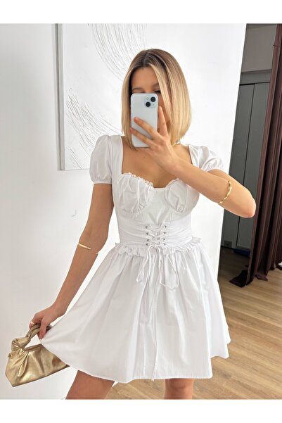 Clothes Fast Women's White Mini Dress Square Neck Balloon Sleeves Lace-Up Fla...