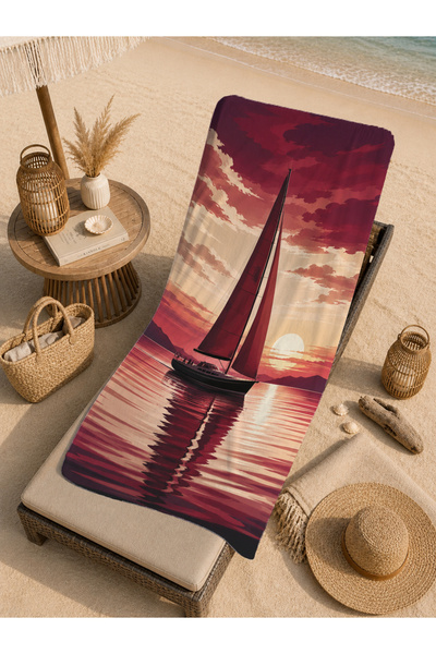 Evmila Vintage Burgundy Sailing Sunset Sea Pattern 70x150 Prosop de plajă - P...