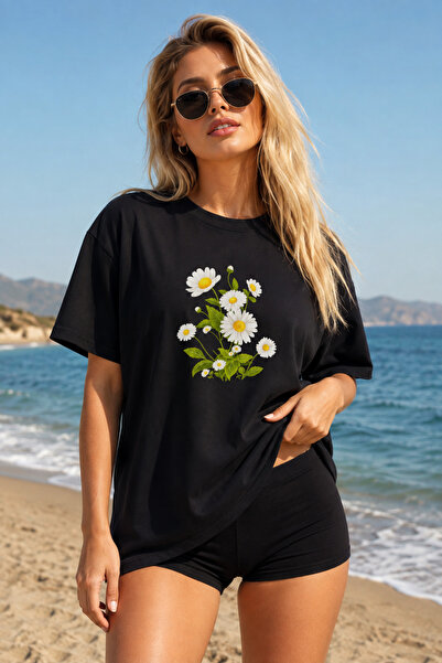 FECCY Premium Demet Papatya Printed Oversize Γυναικείο T-Shirt Ανδρικό T-Shir...