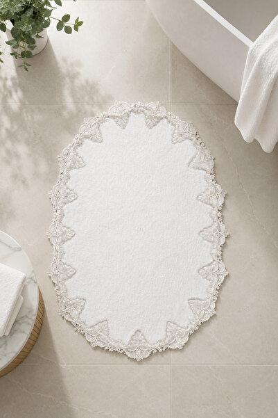 Teksev White Embroidered Non-Slip Base Bath Mat Lace-Up Washable Bathroom Set...