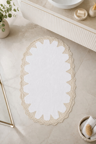 Teksev Gold White Embroidered Non-Slip Base Bath Mat Lace-Up Washable Bathroo...