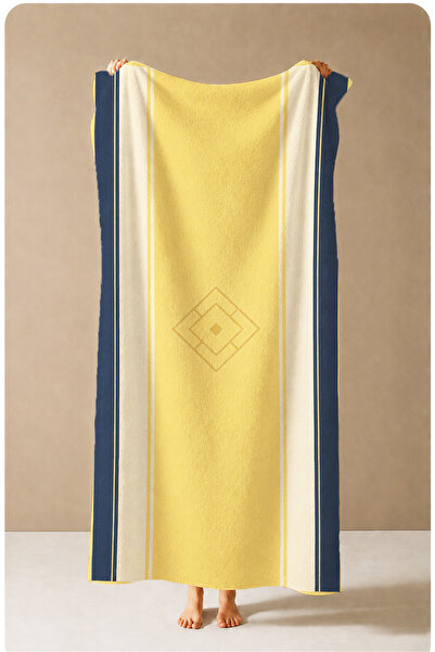 Evmila Modern Yellow Navy Blue Minimal Curved Stripe Patterned 70X150 Beach T...