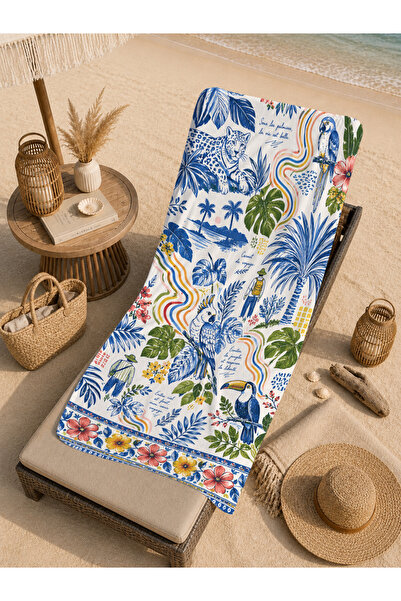 Evmila Prosop de plajă Chinoiserie, albastru, alb, cu model tropical, 70x150 ...
