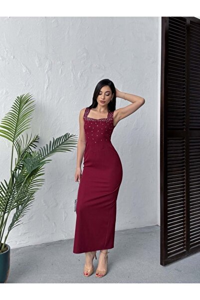 MODA DURAĞI Качествена макси рокля, украсена с камъни, цвят бордо