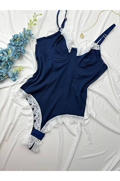 ROZENİN LINGERIE Soft Textured Cotton Stretchy Lace Detailed Snap Fastener Bo...