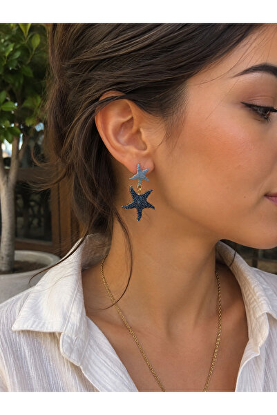 MODA Maisonlune Starfish Figured Dangle Earrings Blue Detailed Gold Color Sum...