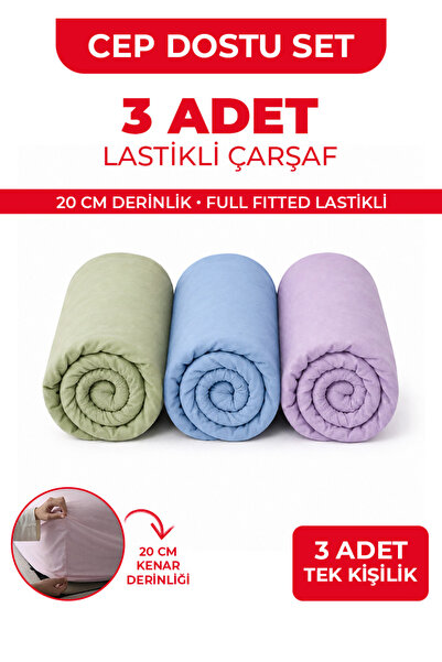 Çarşafçı Hanım 3 ADET TEK KİŞİLİK LASTİKLİ ÇARŞAF - 100x200cm - MAVİ/YEŞİL/Lİ...