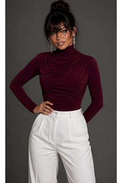 Be Best Women's Burgundy Turtleneck Gathered Blouse Be490