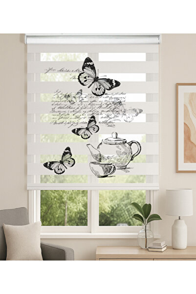 Home Mutfak Odası Kelebek ve Çaydanlık Temalı Dijital Baskılı Zebra Perde Sto...