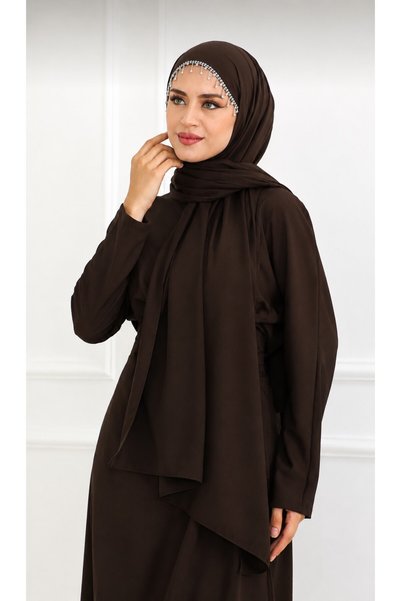 ALLURİNG THE BETTER ONE Designed Evening Dress with Silver Color Stripes and Stones Around the Shawl - Dark Brown