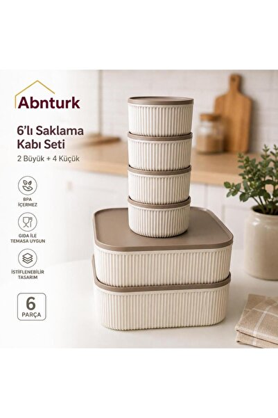 abnturk 6'lı Kapaklı Çizgili Saklama Kabı Seti-Sızdırmaz Vakumlu Erzak ve Gıd...