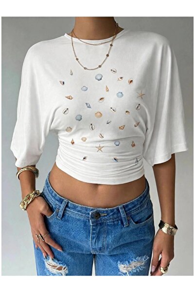 PERISENSE Women's Lycra Bat Sleeve Crop T-Shirt, Fitted at the Waist, Stretch...