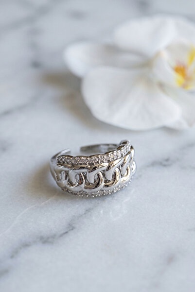 Marsilyan Double Row Zircon Stone Mesh Chain Form Silver Color Ring Tj-Byk422...