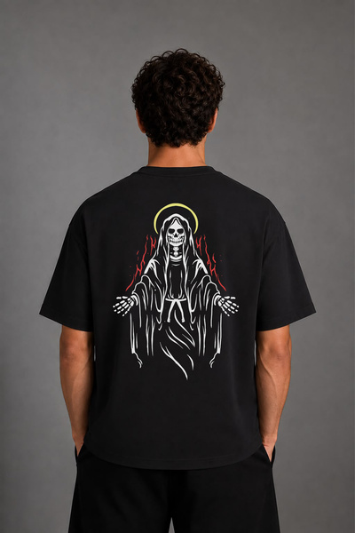 VSRN Tricou oversize negru cu imprimeu pe spate cu design Magician Skeleton