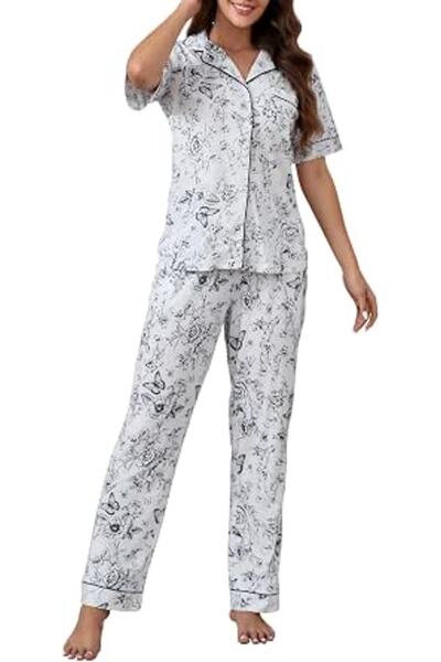 LUBOT 100% Cotton Pajamas for Women PJ Set Button-Down Knitted Soft Long Shor...